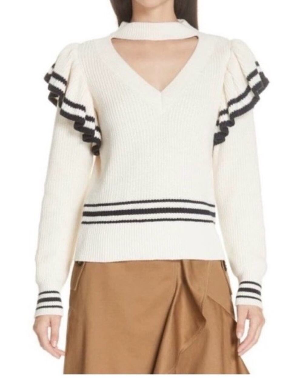 Self Portrait Cream Ribbed Knit Sweater Ruffle Collar Striped Wool Blend Sz L -